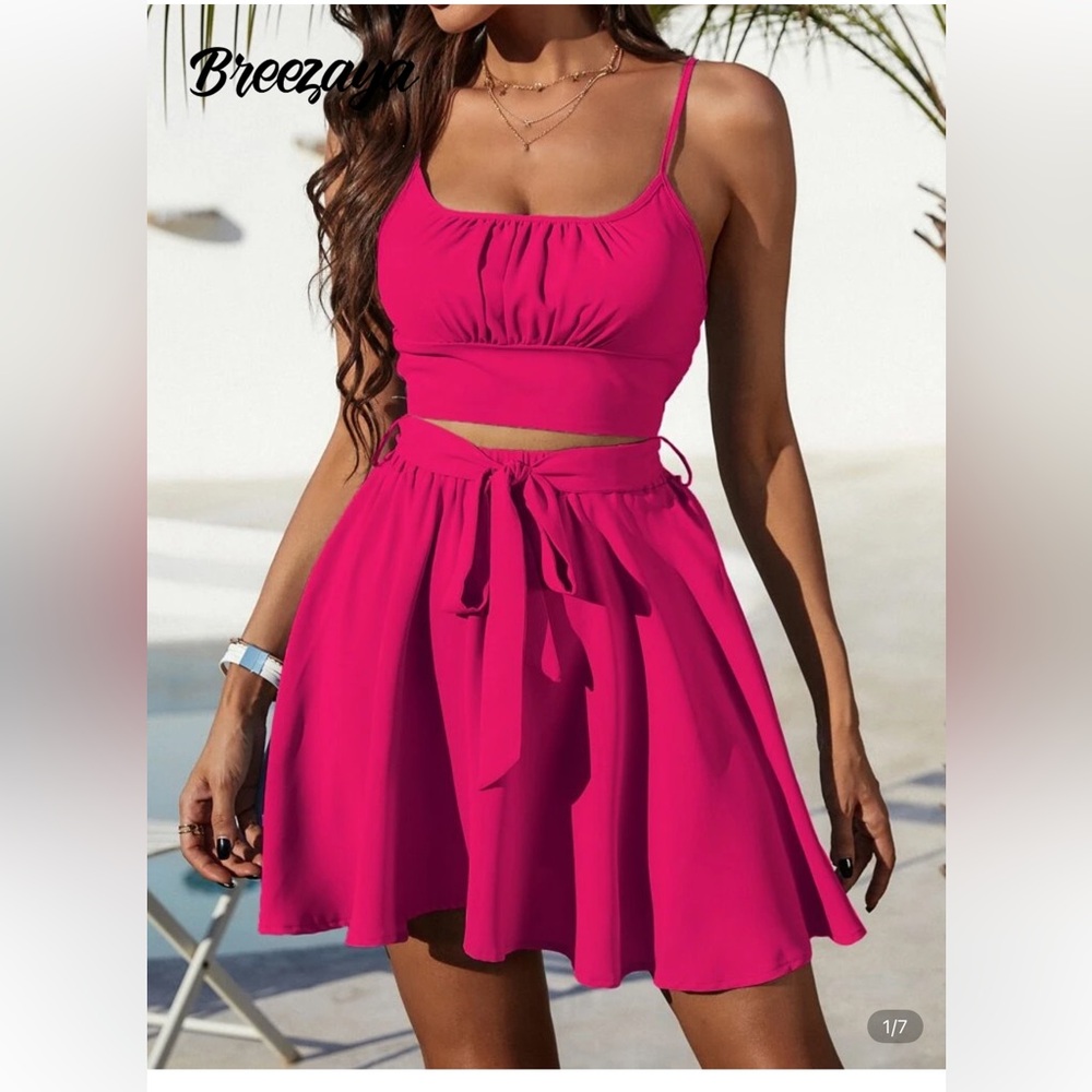 SHEIN Pink 2 pc Mini Skirt & spaghetti strap crop top shirt with elastic back lg